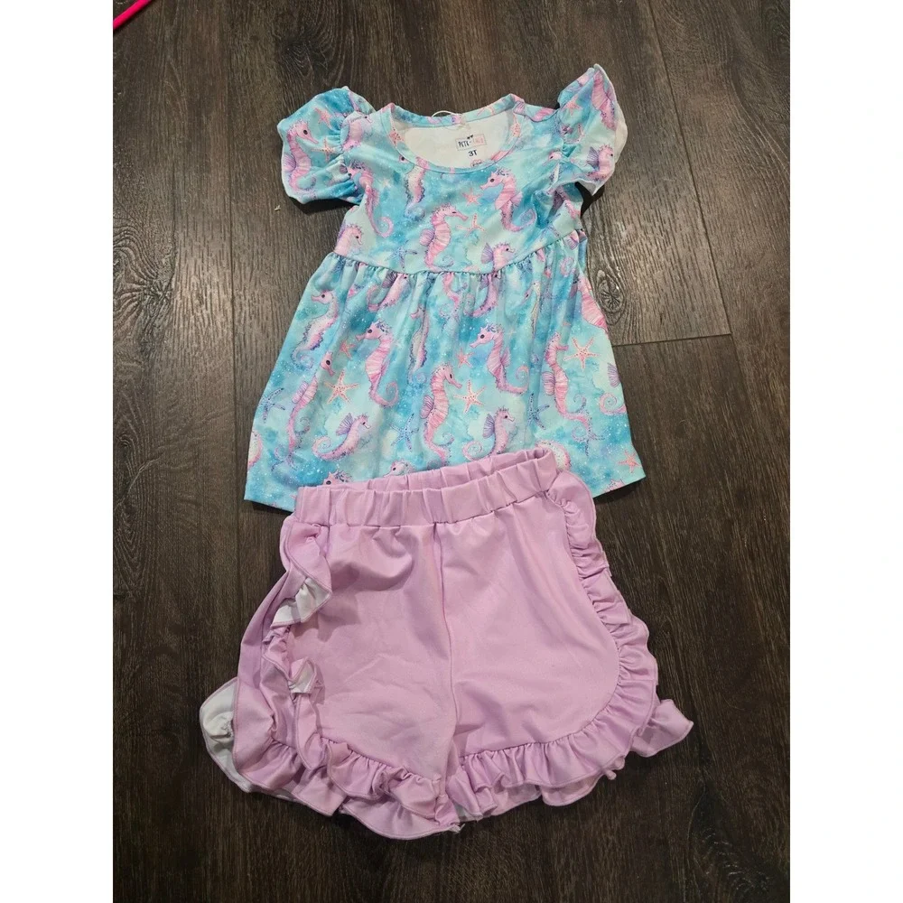 Pete + Lucy Girls 3T Seahorse Starfish Tunic Top and Ruffle Shorts Set P+lush